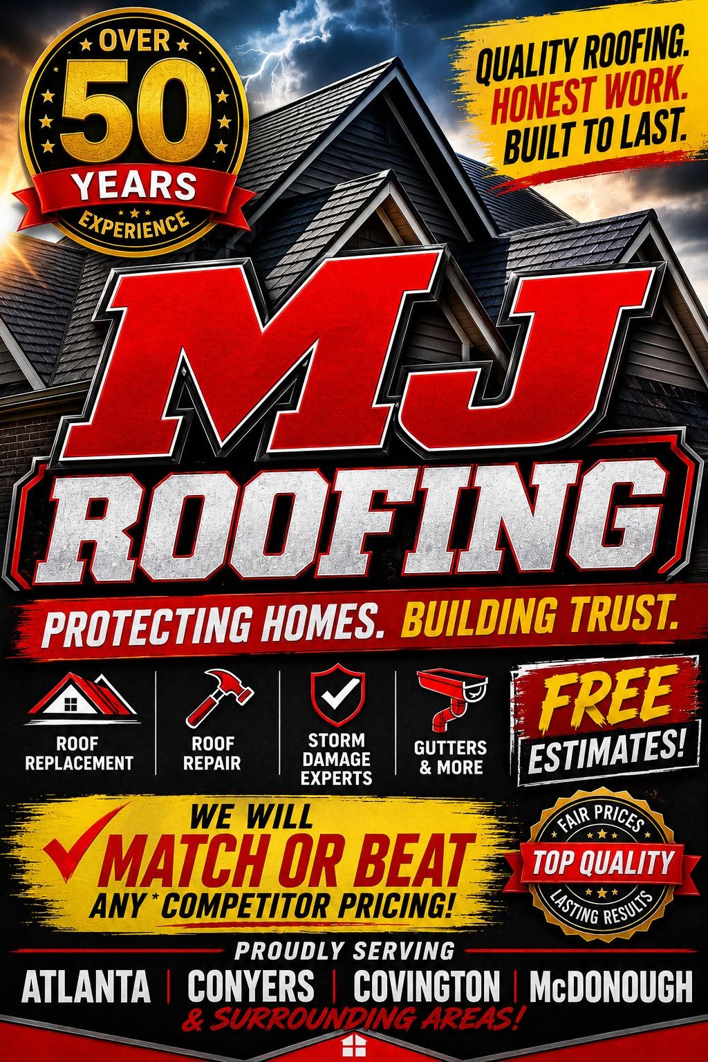 MJ Roofing services poster featuring 50 years of experience, free estimates, and service across Atlanta, Conyers, Covington, and McDonough