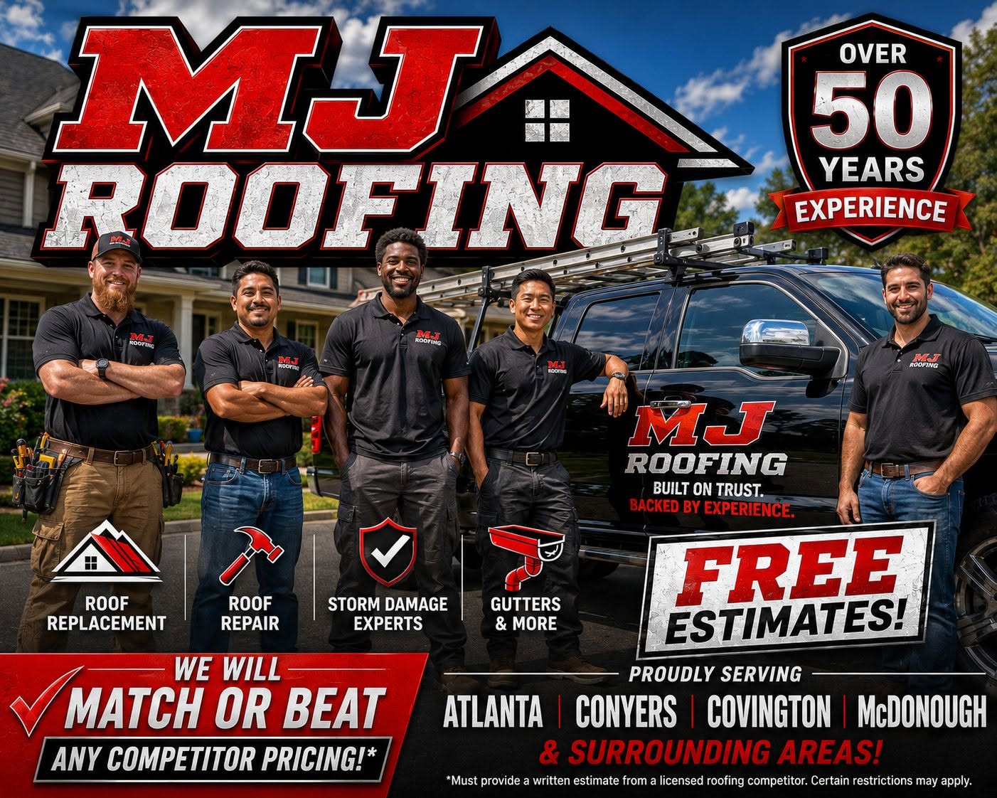 MJ Roofing service team beside a company truck, highlighting roof replacement, repair, storm damage, gutters, and free estimates